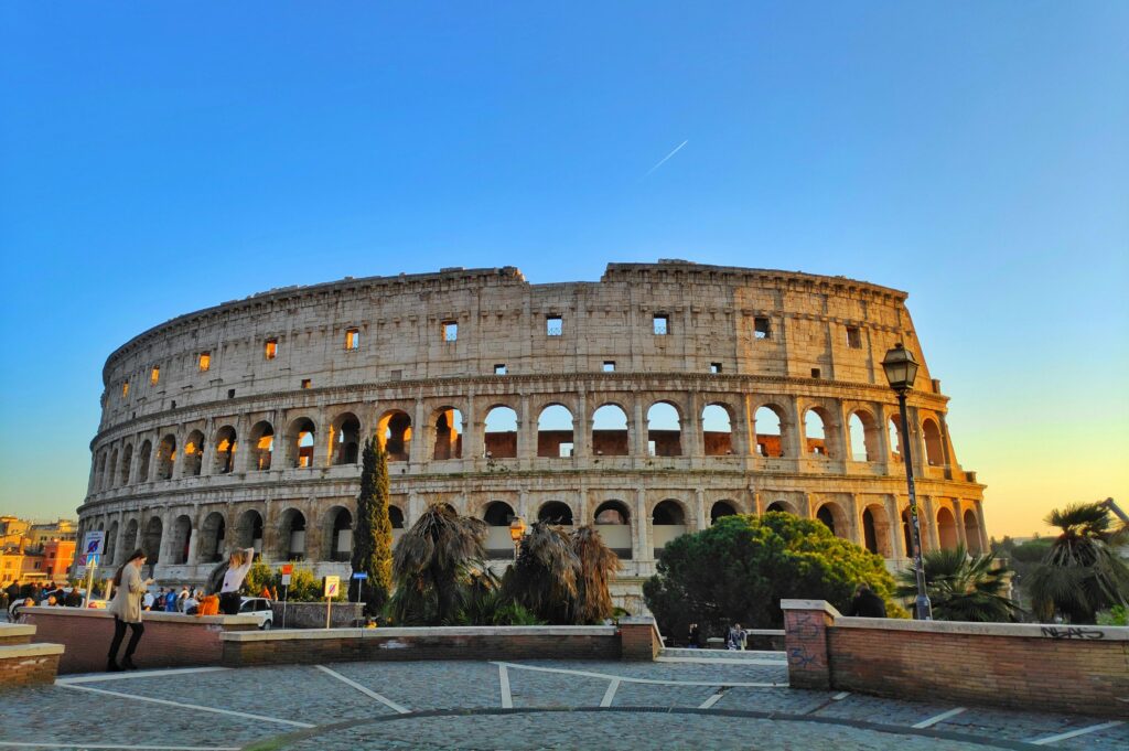 View of the outside of the Colosseum in Rome, Italy.